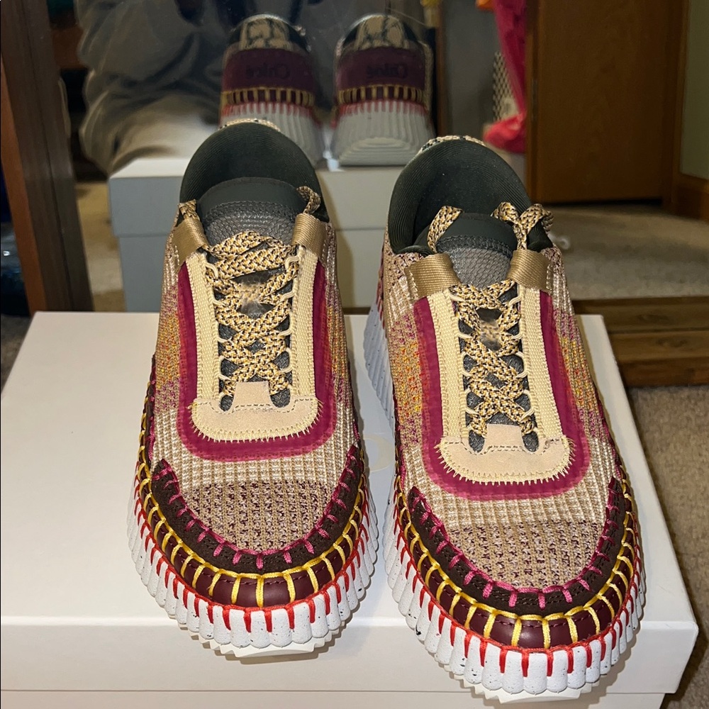 CHLOE NAMA MULTICOLOR COFFEE BROWN WOVEN PLATFORM SNEAKERS IN SIZE 38 EU - Picture 8 of 17